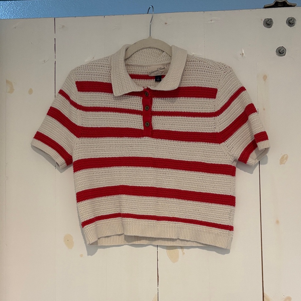 Red and white knit polo-style sweater